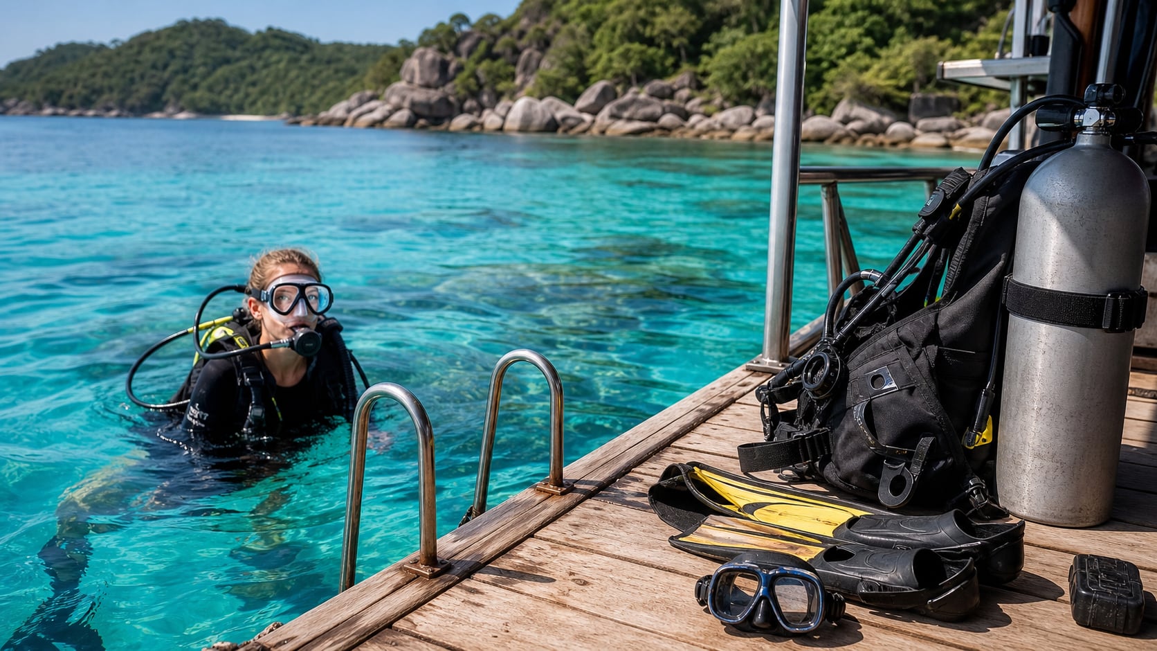 Tauchanfänger mit Tauchermaske schaut entspannt unter Wasser an einem Korallenriff