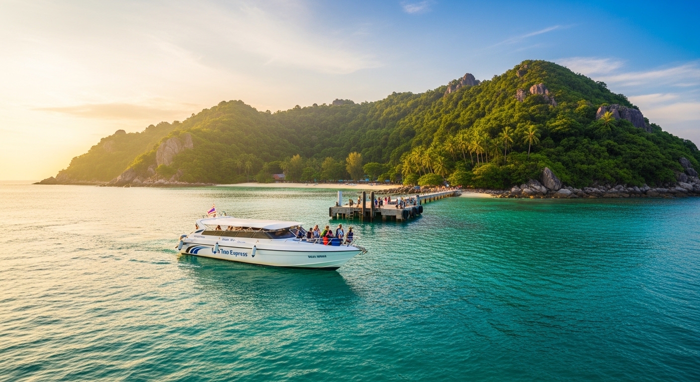 Fährboot bei der Anfahrt auf Koh Tao mit grüner Insel und türkisem Wasser