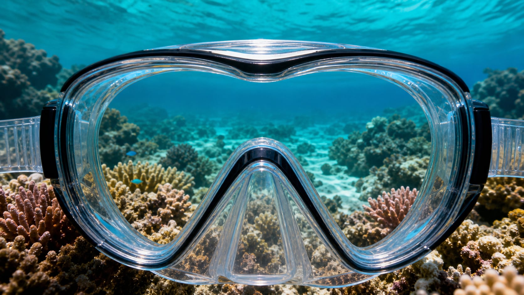 Taucher hält klare Tauchmaske unter Wasser, kein Beschlag sichtbar, Koh Tao Thailand