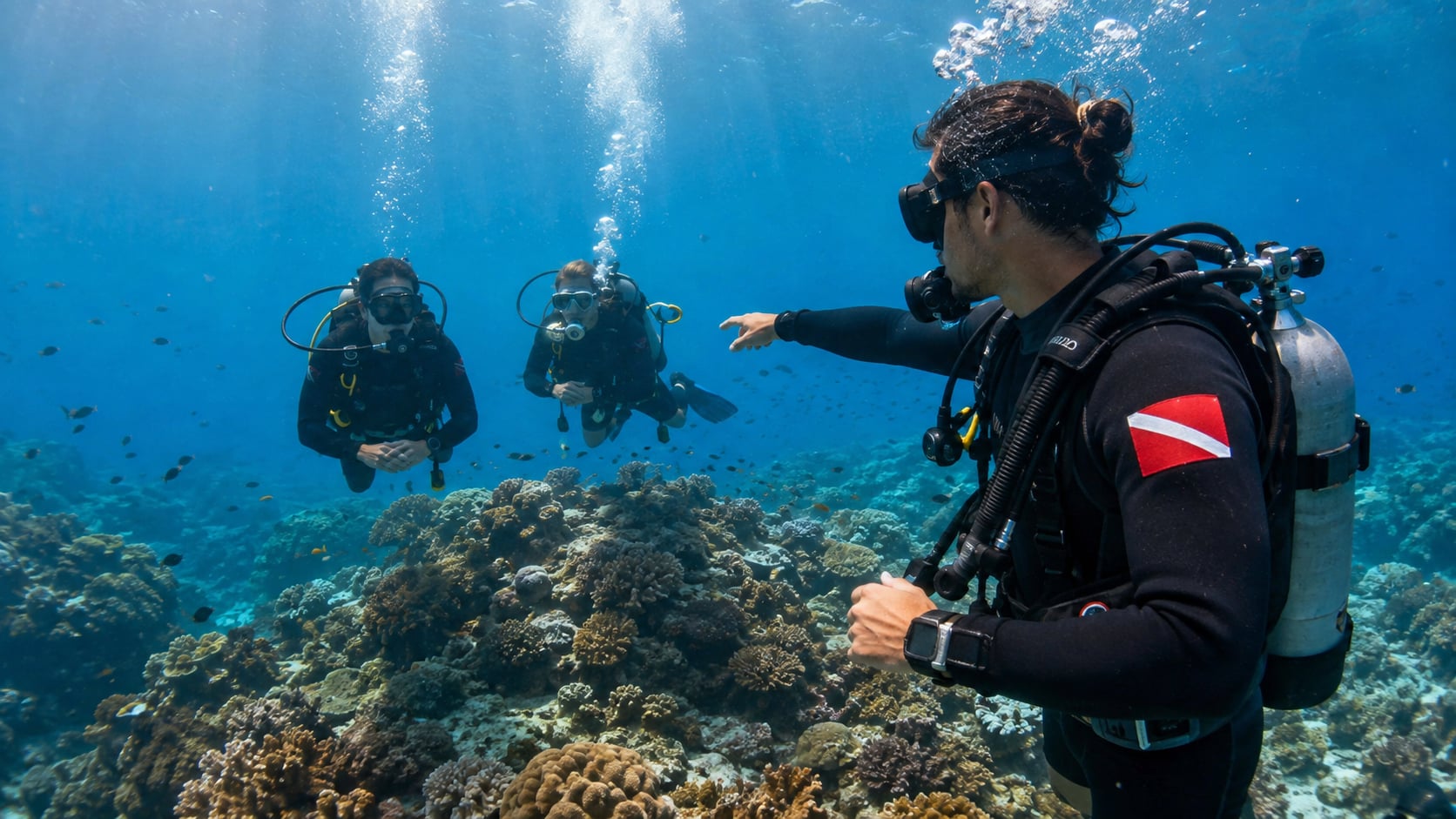 Divemaster arbeiten Thailand Koh Tao — Unterwasser mit Gästegruppe