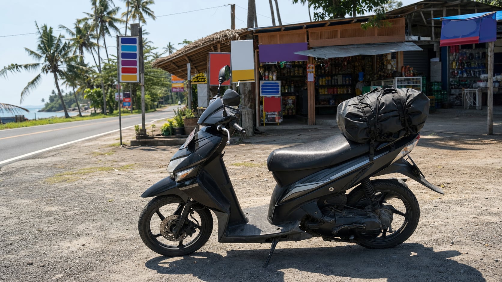 Roller mit Drybag am Straßenrand an Balis Nordküste vor einem kleinen Laden