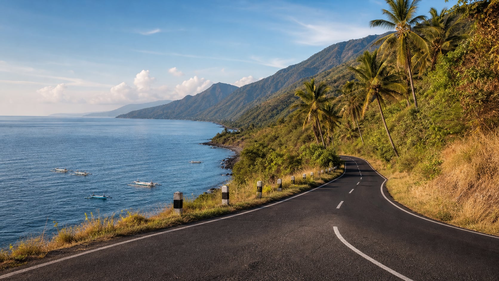Küstenstraße an Balis Nordküste zwischen Pemuteran und Amed mit Blick auf das Bali-Meer