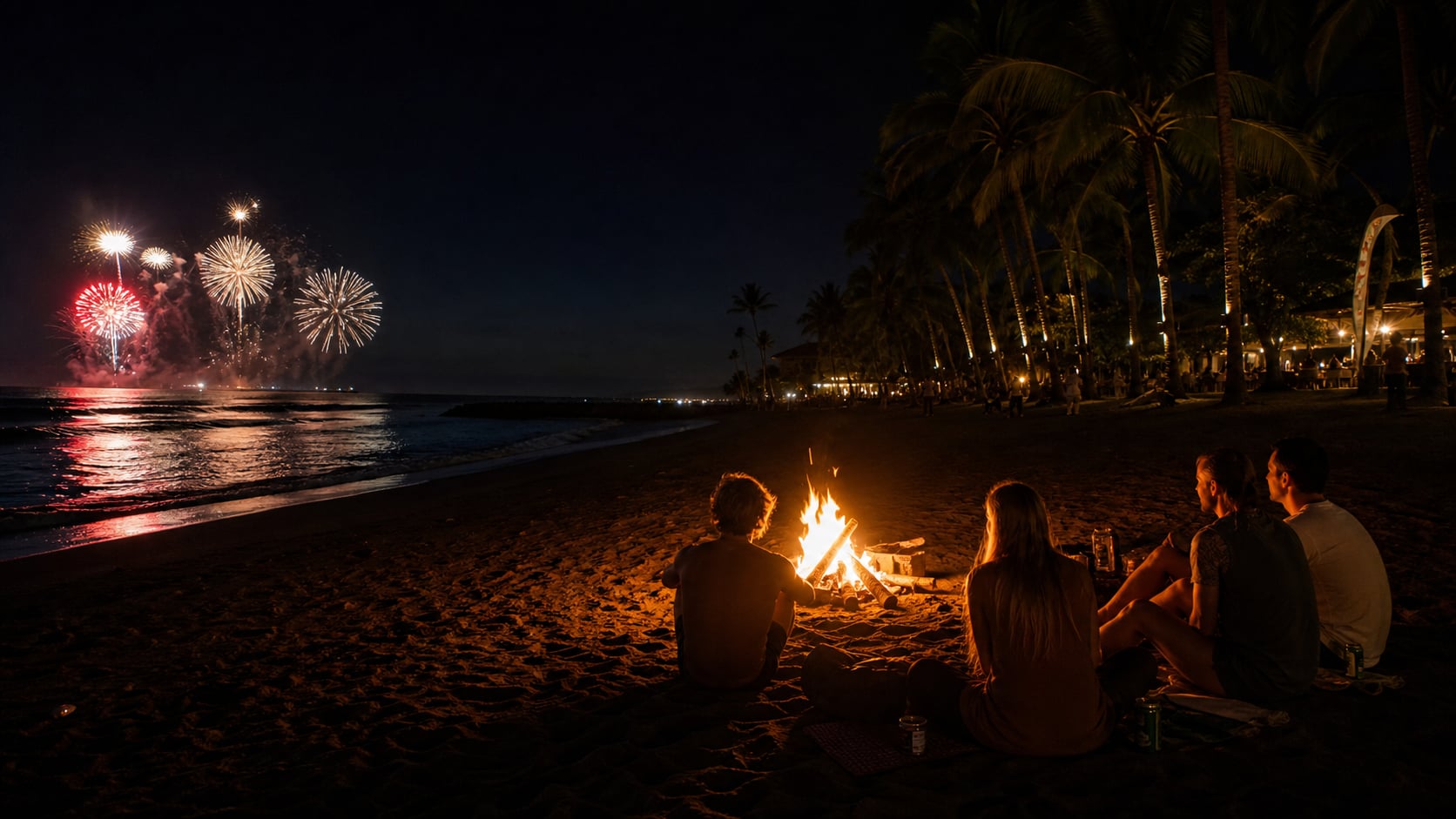 Jahreswechsel am dunklen Strand von Nordbali mit kleinem Feuer und Feuerwerk über dem Meer