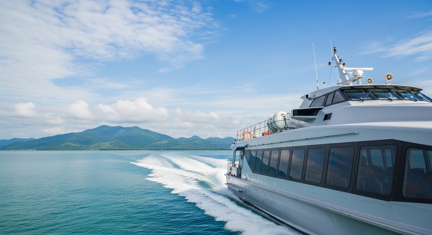 Speedboot-Fähre auf dem Weg nach Koh Tao mit türkisblauem Meer und tropischen Inseln im Hintergrund