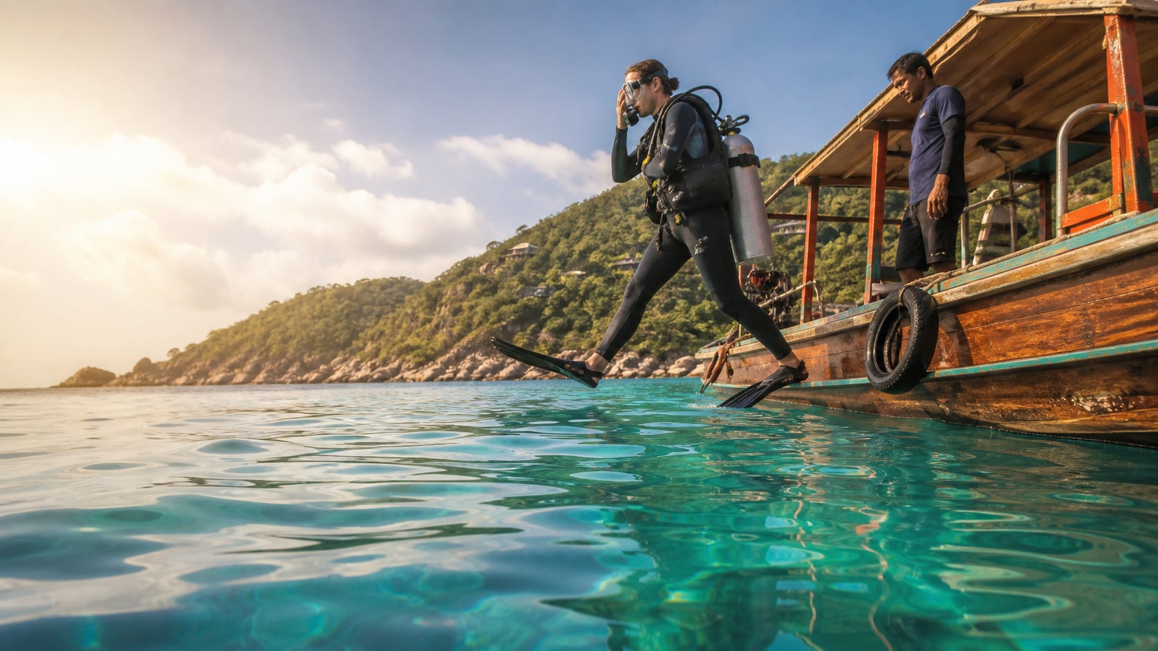 Taucher steigt frühmorgens von einem Boot ins klare blaue Wasser bei Koh Tao