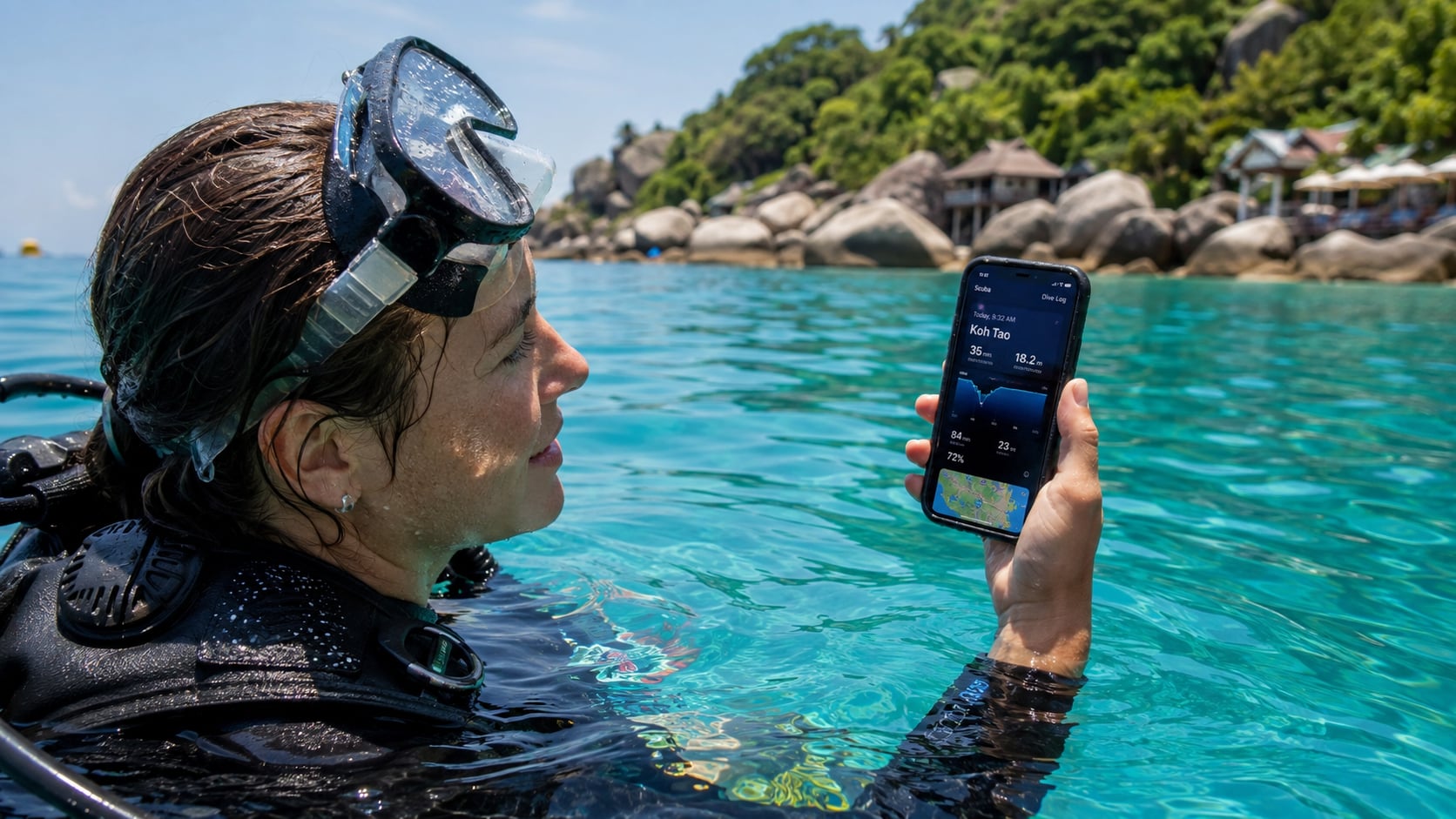 Taucher hält Smartphone mit Tauch-App über der Wasseroberfläche bei Koh Tao