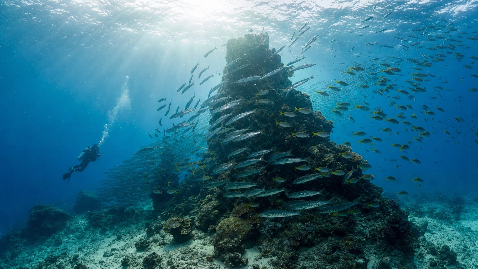 Beste Tauchspots auf Koh Tao – Granitpinnacle mit Barrakuda-Schwarm und Taucher im Golf von Thailand