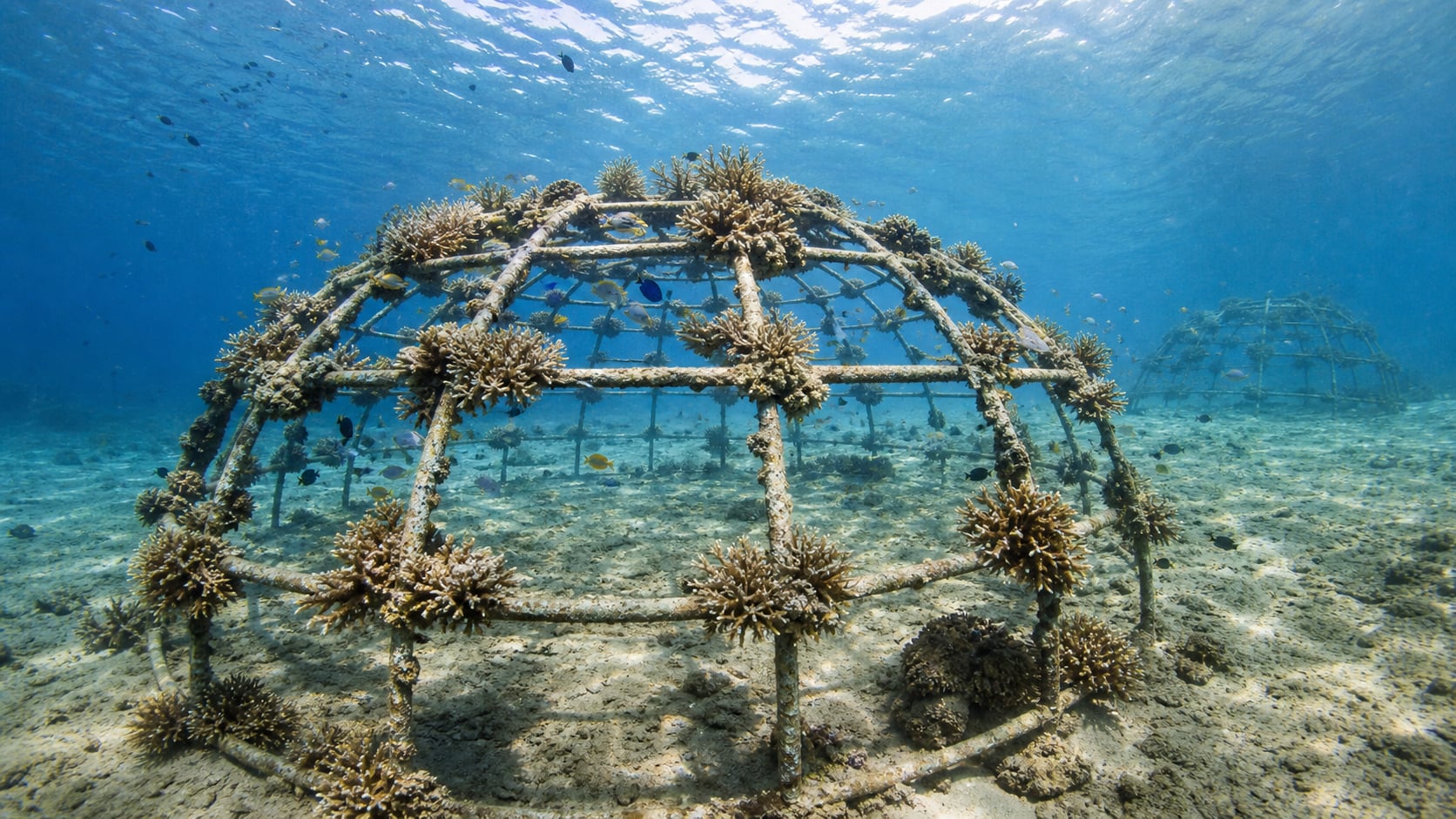 Bewachsene Biorock-Stahlstruktur zur Korallenrestaurierung im Flachwasser vor Pemuteran, Bali