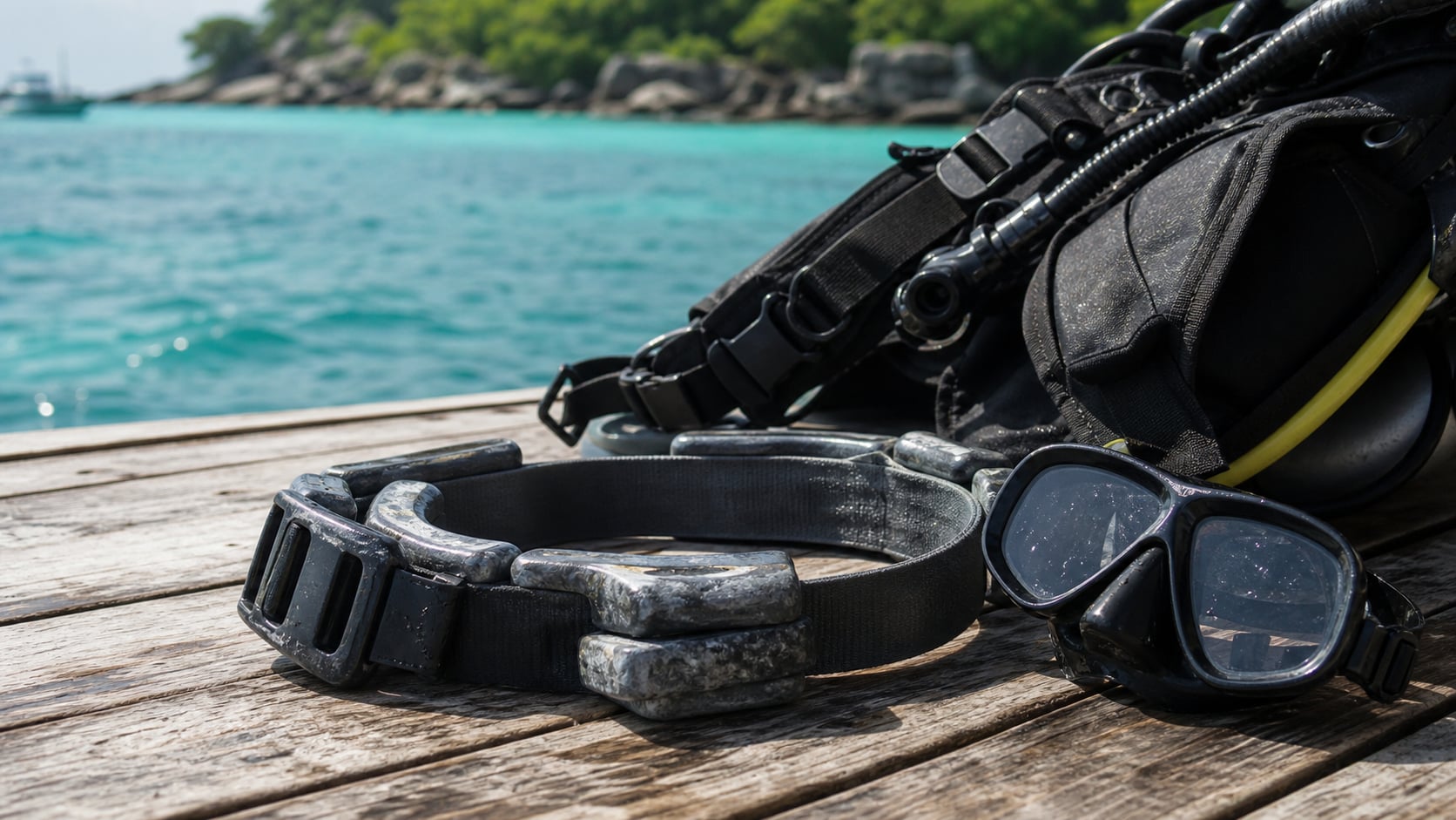 Taucher befestigt einen Bleigürtel vor dem Einstieg ins türkisfarbene Wasser auf Koh Tao