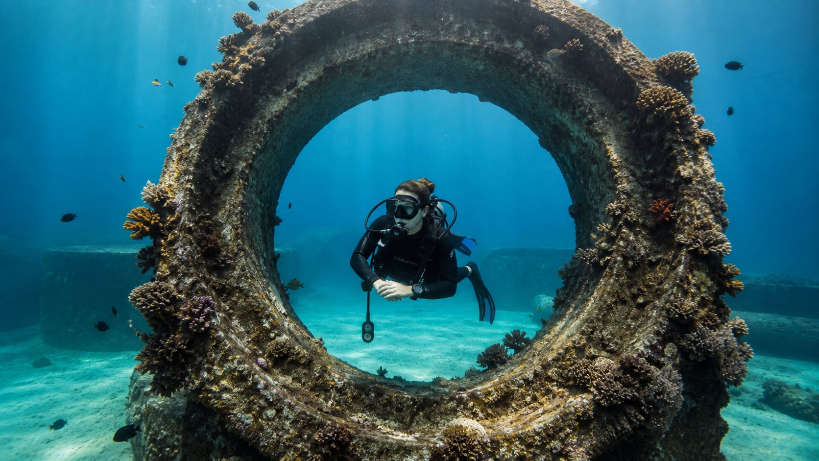 Taucher trainiert Tarierung an künstlichen Betonringen bei Buoyancy World, Koh Tao