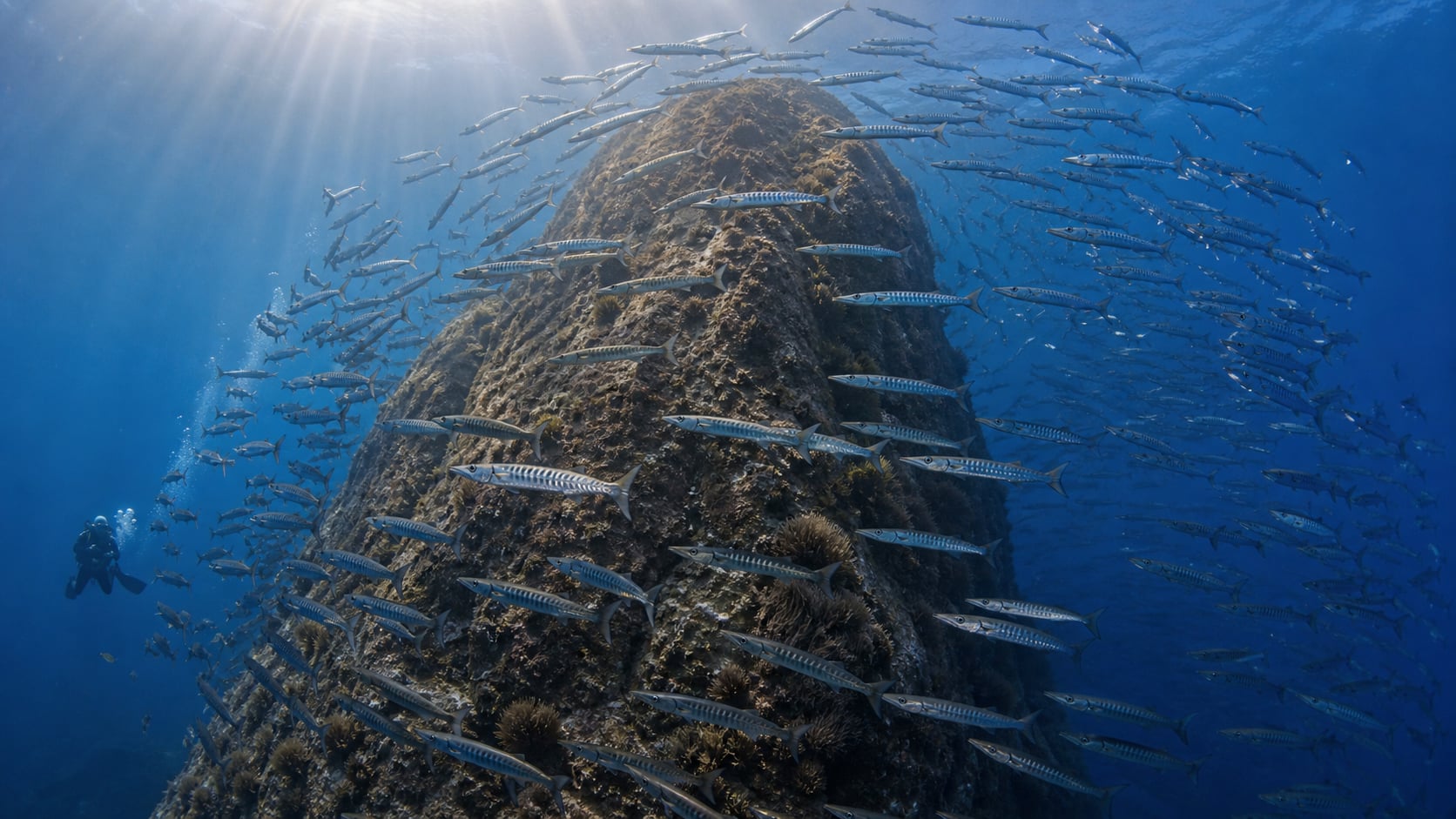 Taucher an Chumphon Pinnacle Koh Tao – Barrakudas und Korallenfelsen im blauen Wasser