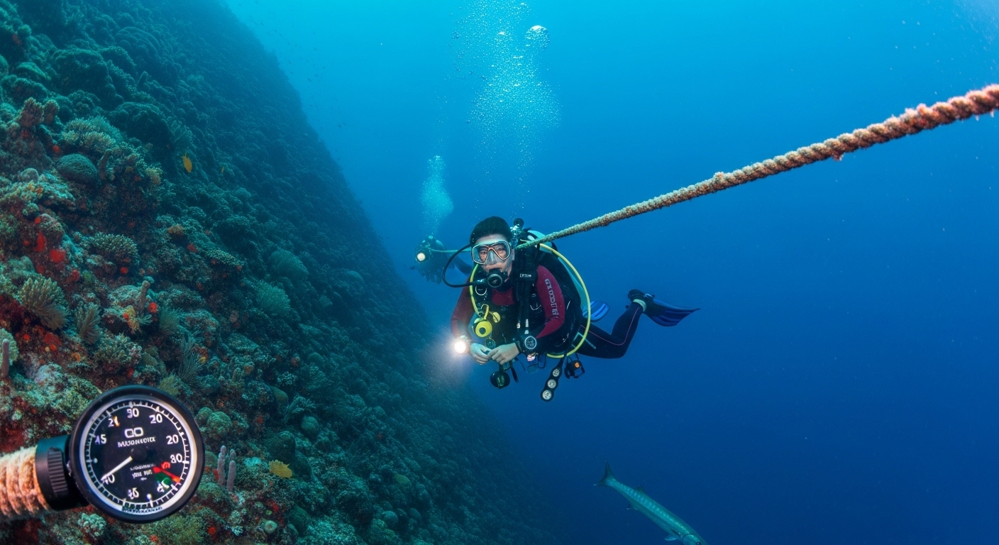 Taucher steigt an einem Pinnacle in tiefblaues Wasser hinab bei Koh Tao Thailand