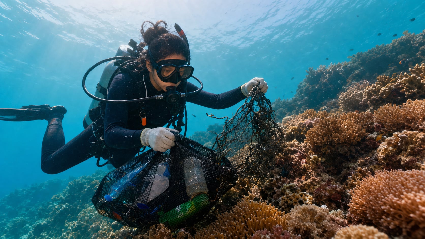 Taucherin sammelt Müll mit Mesh-Bag am Korallenriff vor Koh Tao bei Dive Against Debris