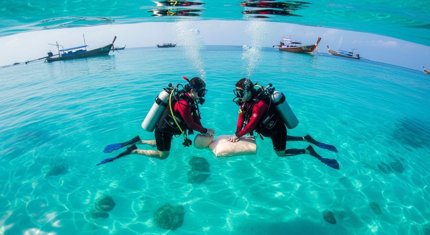 Teilnehmer eines EFR-Kurses übt Erste-Hilfe-Maßnahmen am Strand von Koh Tao