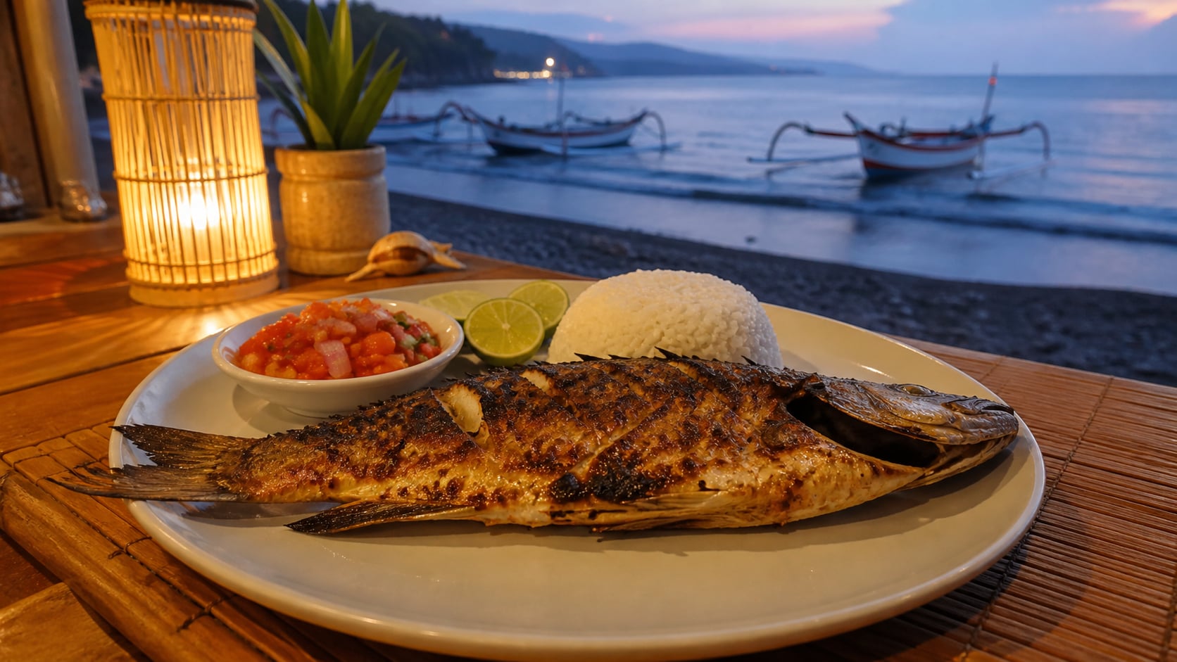 Gegrillter Fisch mit Reis und Sambal an einem Strandlokal in Amed, Ost-Bali, in der Dämmerung