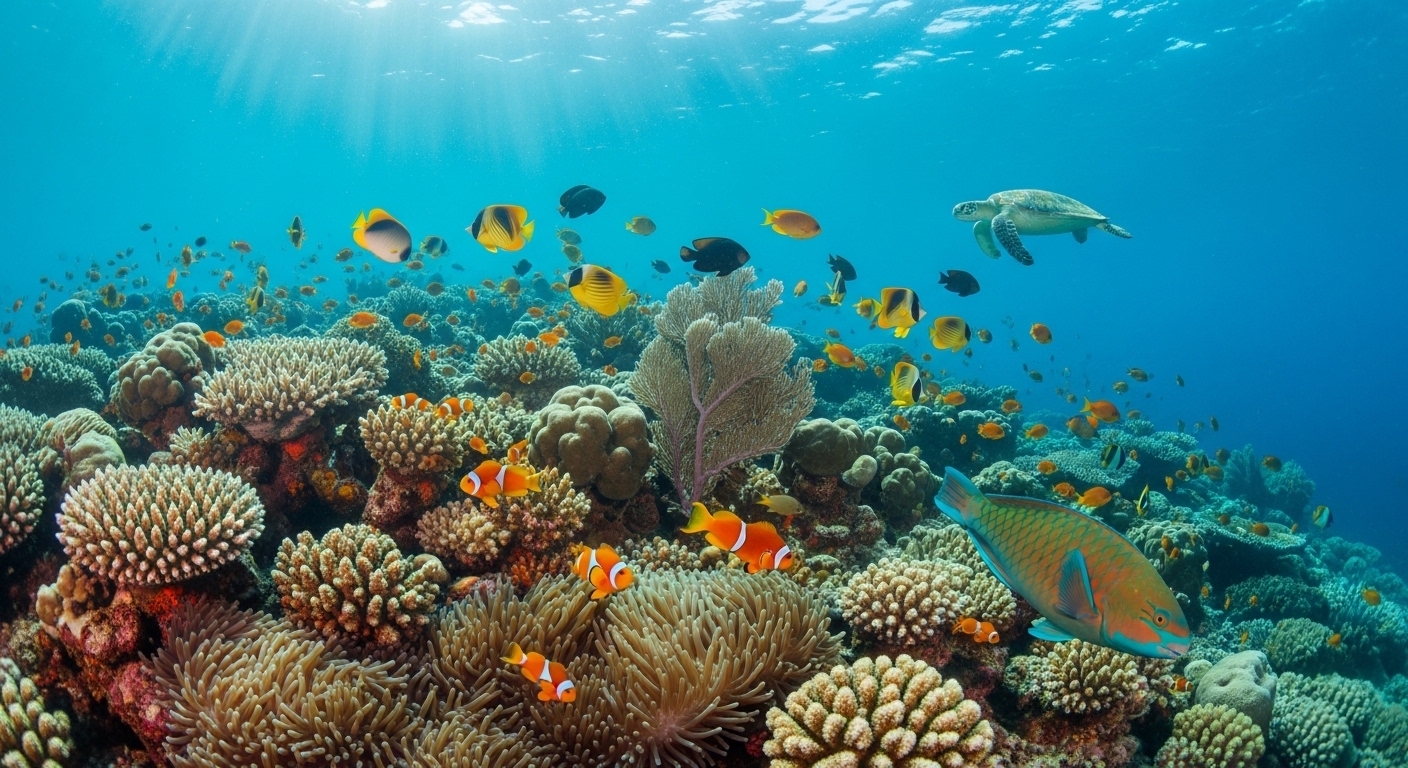 Bunte Rifffische schwimmen über Korallen vor Koh Tao in kristallklarem Wasser