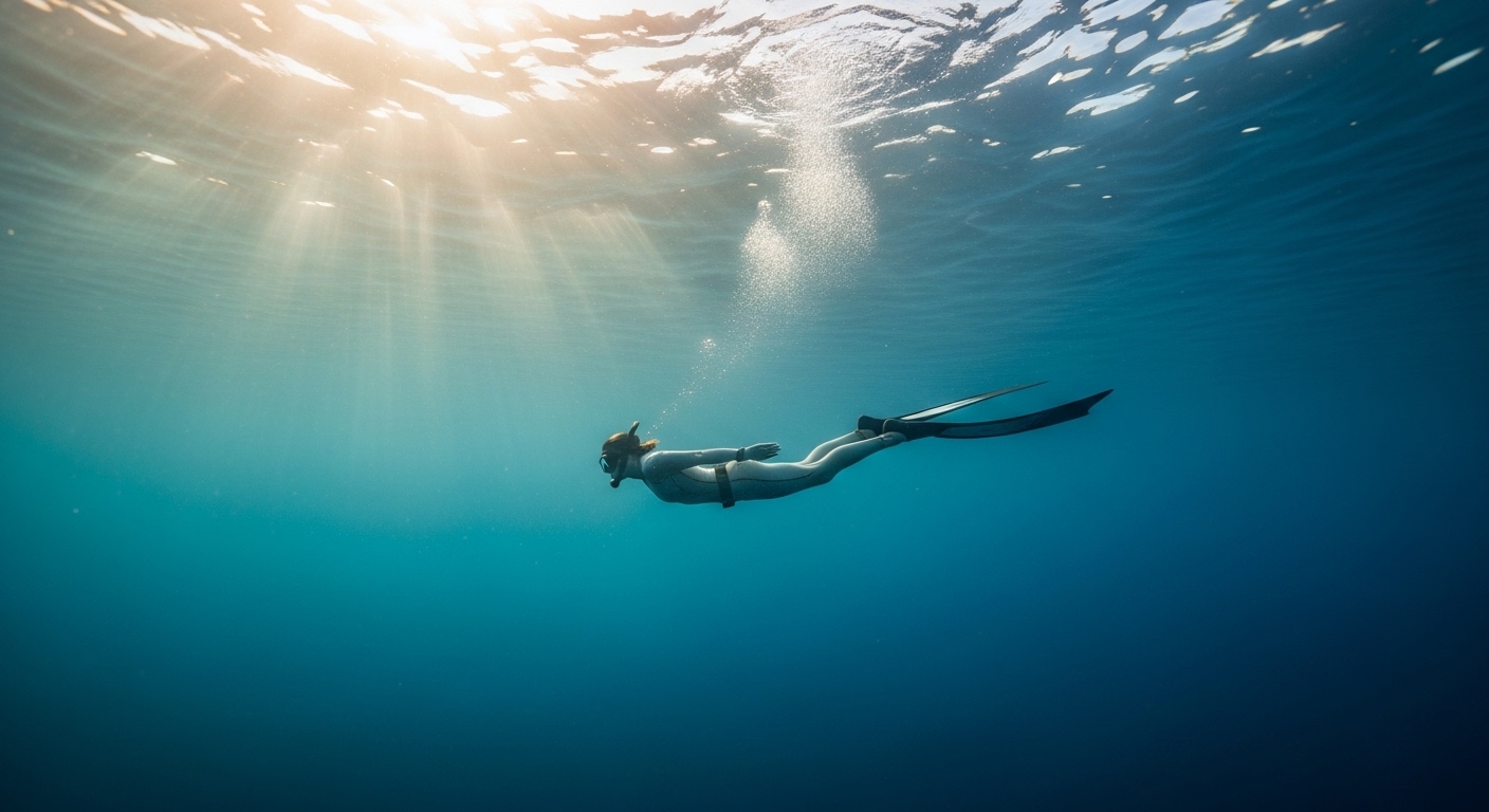 Freediver taucht in die Tiefe des türkisblauen Ozeans auf Koh Tao