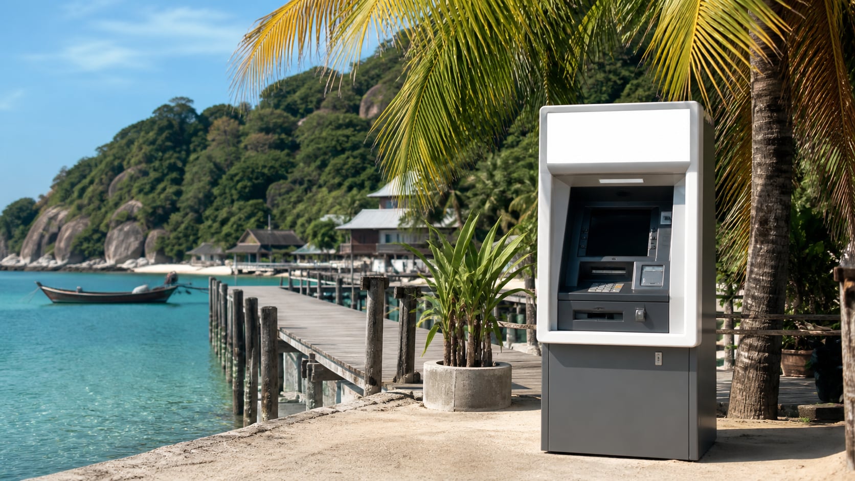 ATM-Automat am Mae Haad Pier auf Koh Tao mit Kasikorn Bank Logo und Palmen im Hintergrund