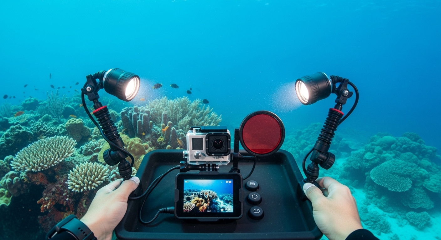 GoPro Hero Kamera mit rotem Tauchfilter unter Wasser vor einem Korallenriff auf Koh Tao