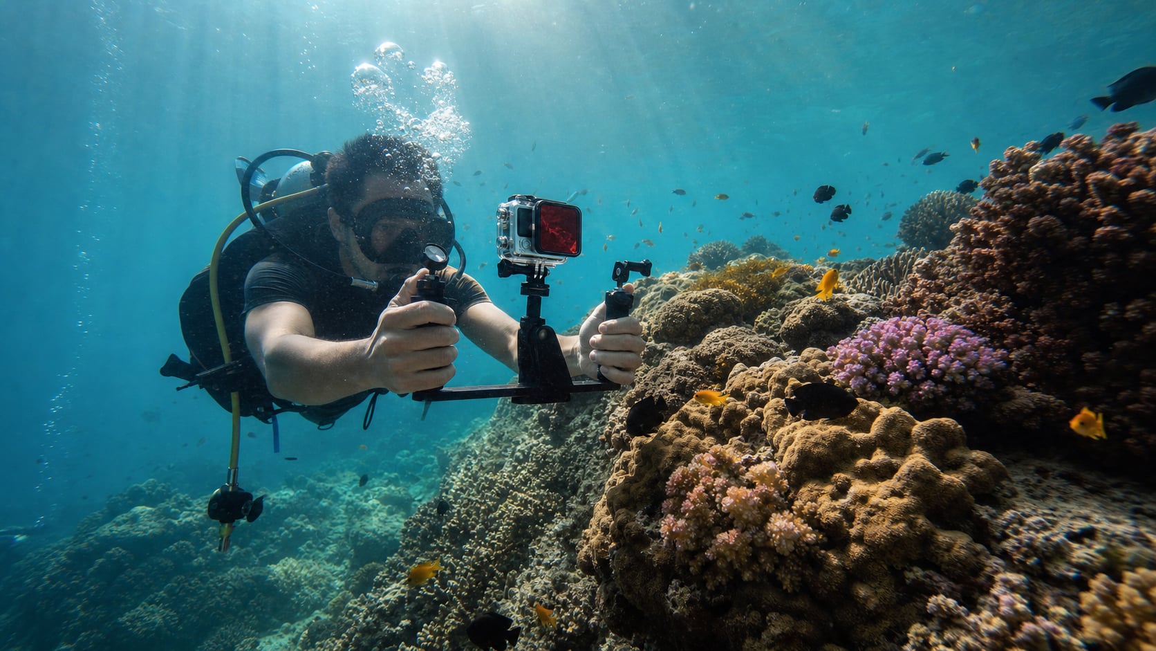 GoPro Zubehör zum Tauchen – Dive Housing, Rotfilter und Griff auf einem Tauchboot vor Koh Tao