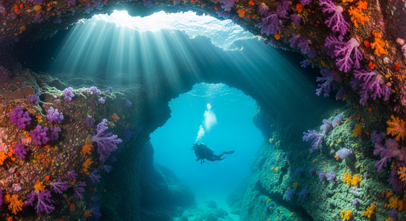 Taucher schwimmt durch einen Felstunnel am Green Rock Koh Tao mit Lichtstrahlen von oben
