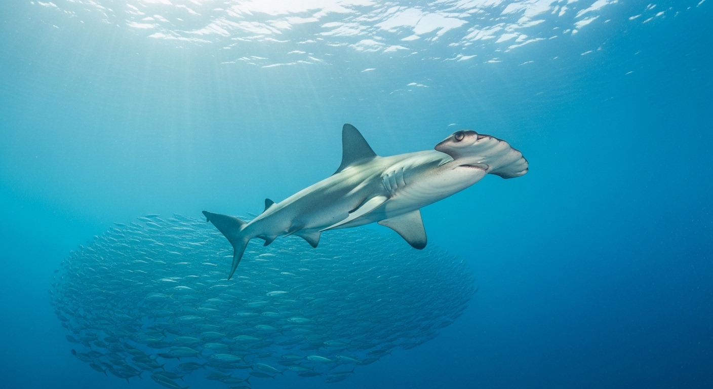 Bogenstirn-Hammerhai schwimmt in klarem blauem Wasser nahe Koh Tao Thailand