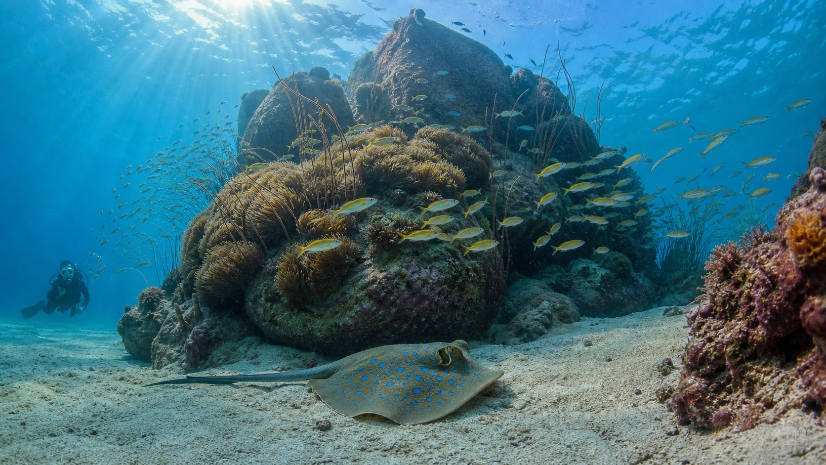Taucher am Granit-Pinnacle Hin Pee Wee Koh Tao mit Anemonenfeld und Blaupunktrochen im Sand