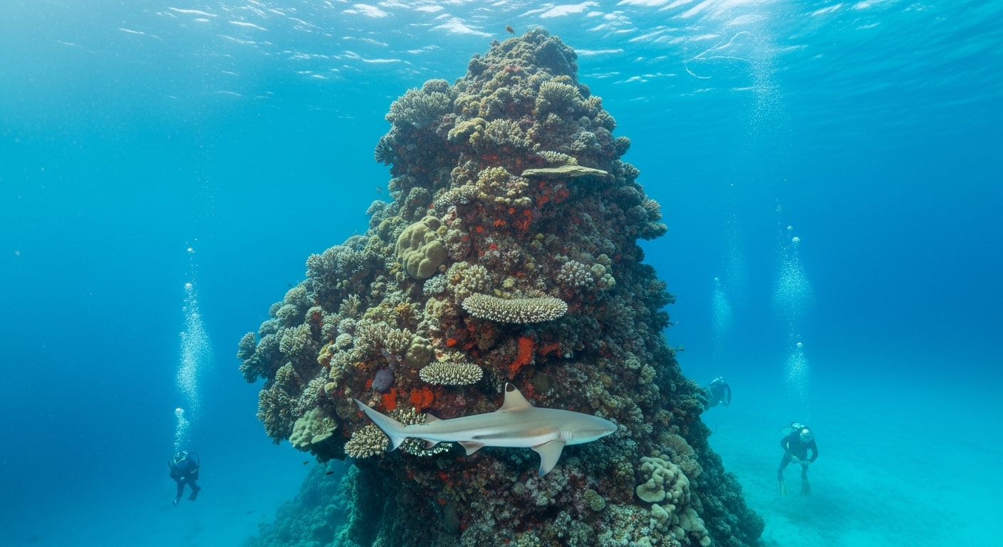 Unterwasserblick auf Hin Wong Pinnacle Koh Tao – Felsformation mit Weißspitzen-Riffhai in klarem Wasser