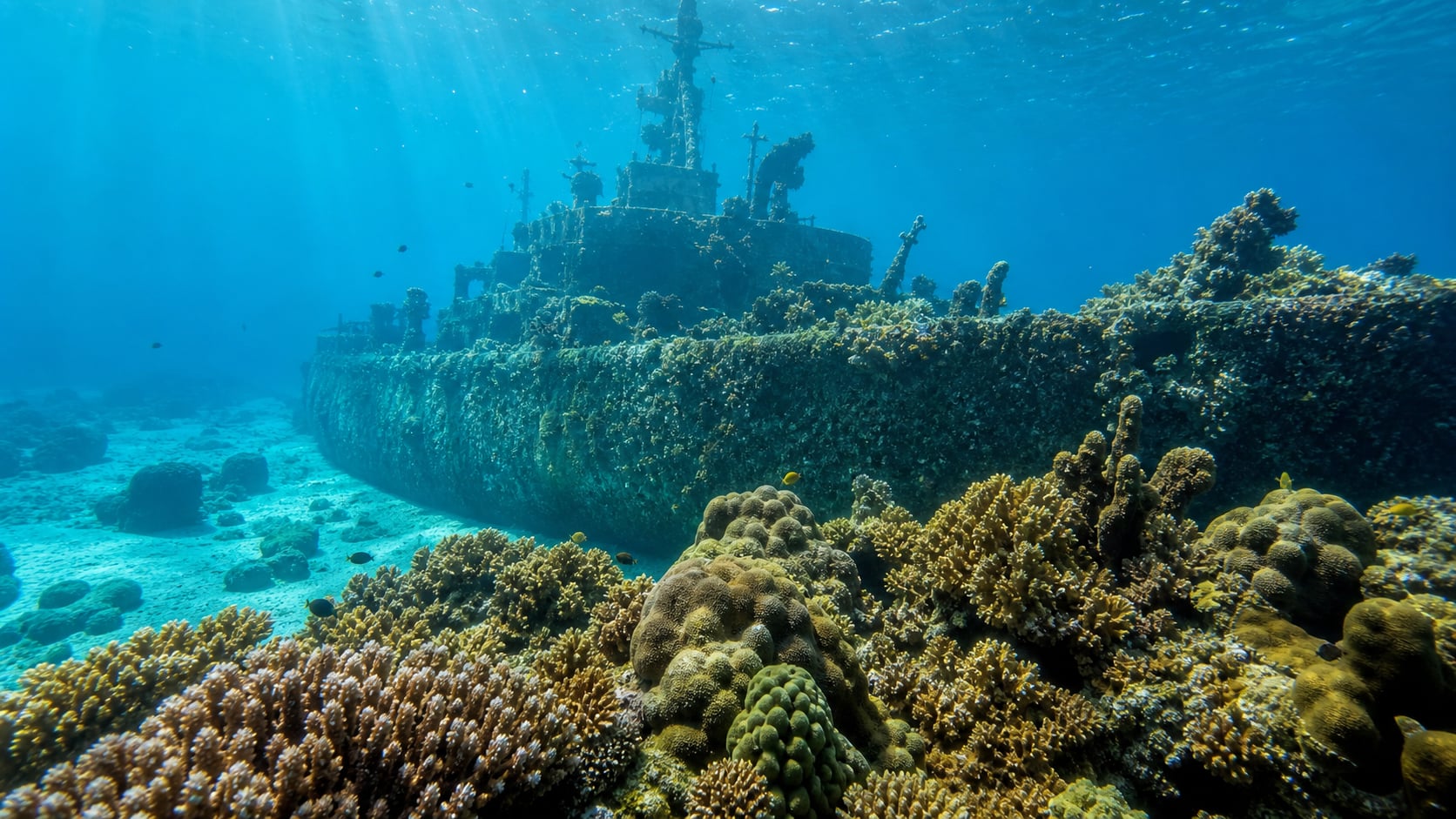 Das im Meer versunkene Kriegsschiff HTMS Sattakut liegt auf dem Meeresgrund nahe Koh Tao, bereits mit Korallen und Meereslebewesen bewachsen