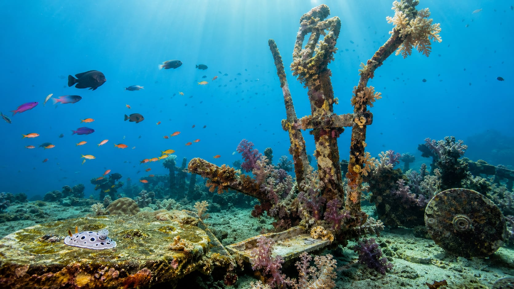 Bunte Weichkorallen auf versenktem Fitnessgerät am Junkyard Reef Koh Tao