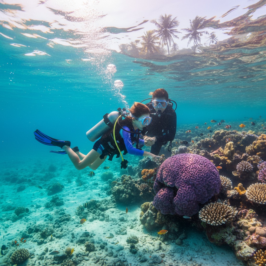Kind mit Tauchmaske und Instructor beim Kindertauchen im flachen Wasser auf Koh Tao