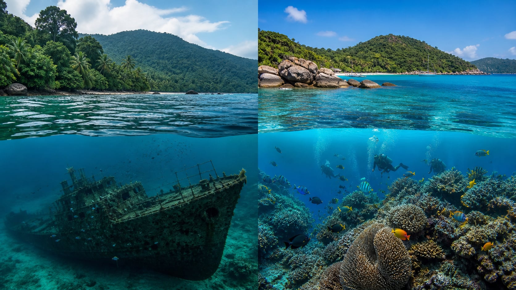 Taucher am Wrack HTMS Chang unter Wasser, Koh Chang vs. Koh Tao Tauchen-Vergleich Thailand