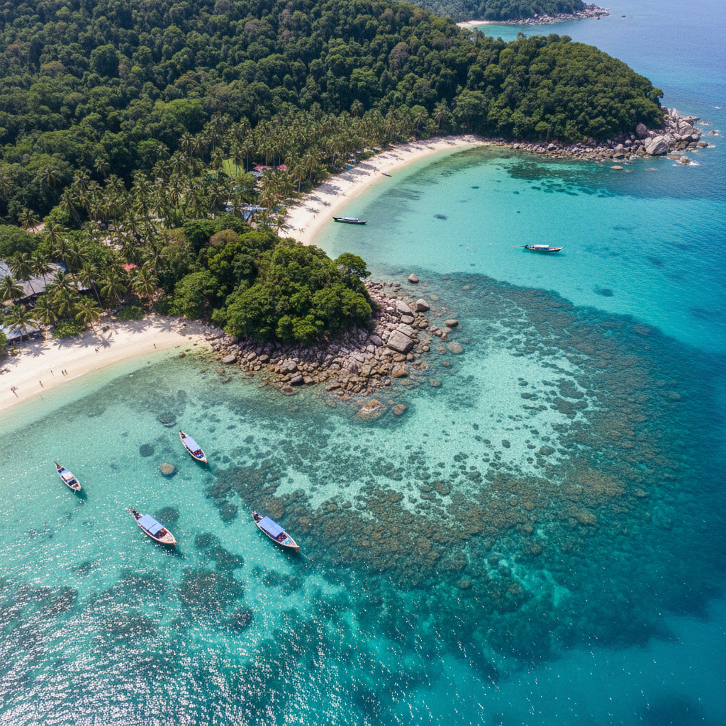 Luftaufnahme von Koh Tao mit türkisem Wasser, Korallenriffen und weißen Stränden