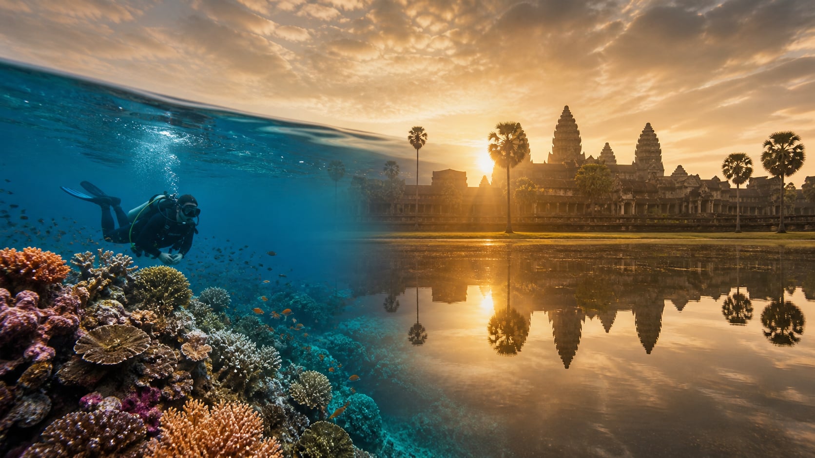 Taucher unter Wasser bei Koh Tao mit Korallenriff, daneben Angkor Wat Tempel im Sonnenaufgang, Kombireise Thailand Kambodscha