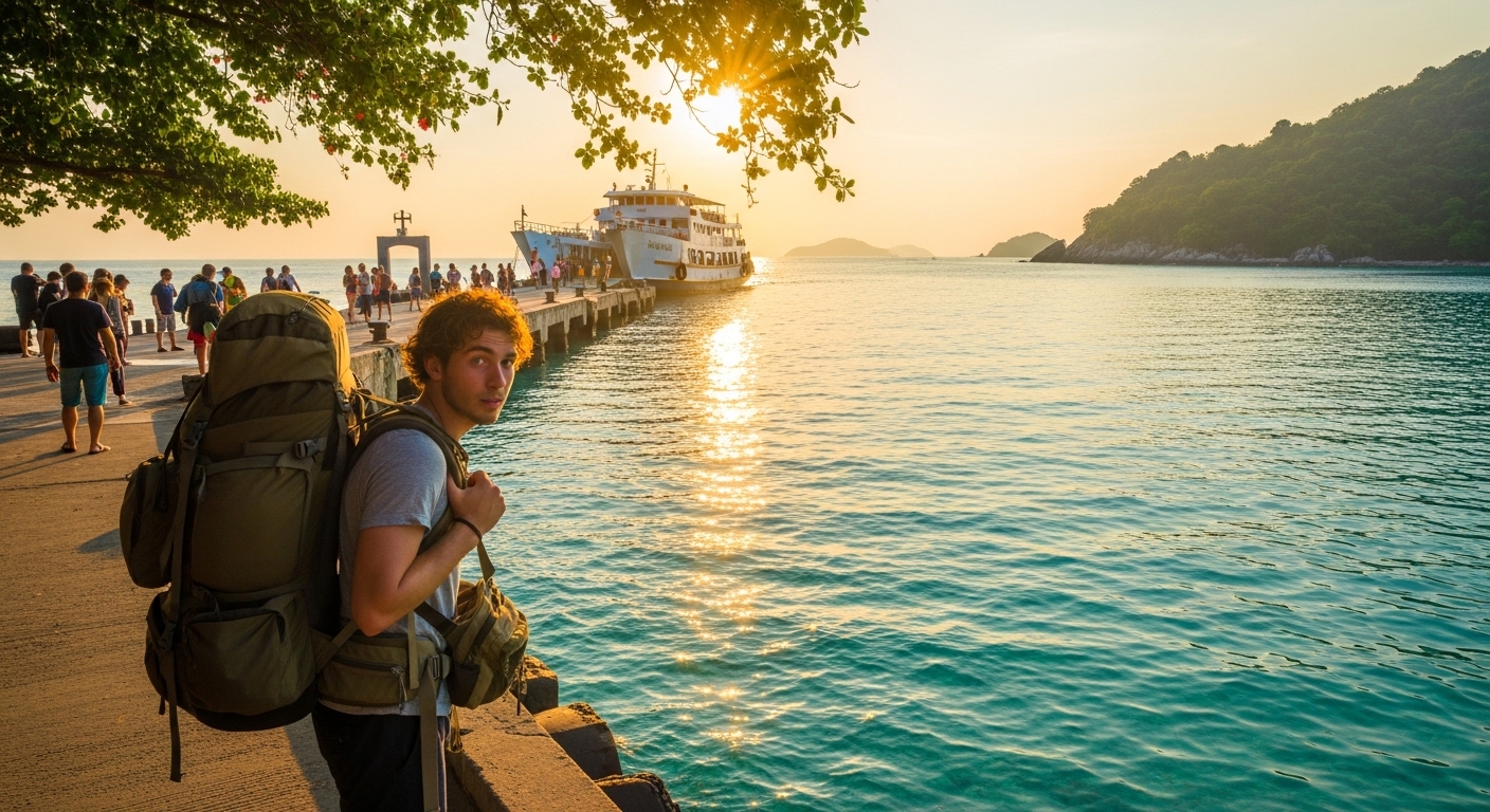 Backpacker mit großem Rucksack am Mae Haad Pier auf Koh Tao bei Sonnenaufgang