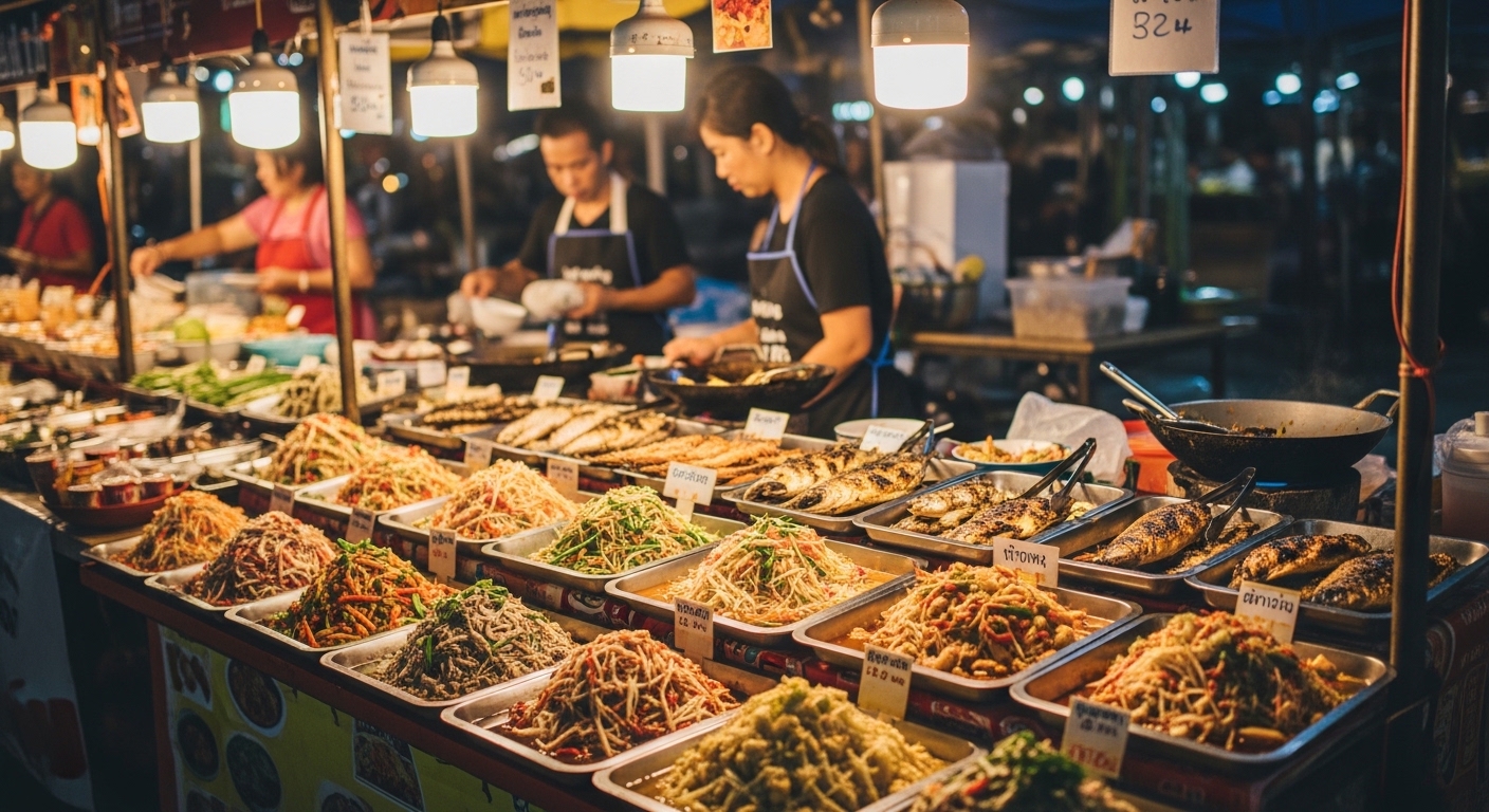 Straßenfood-Stand auf Koh Tao nachts mit Thai-Gerichten und bunten Lichtern