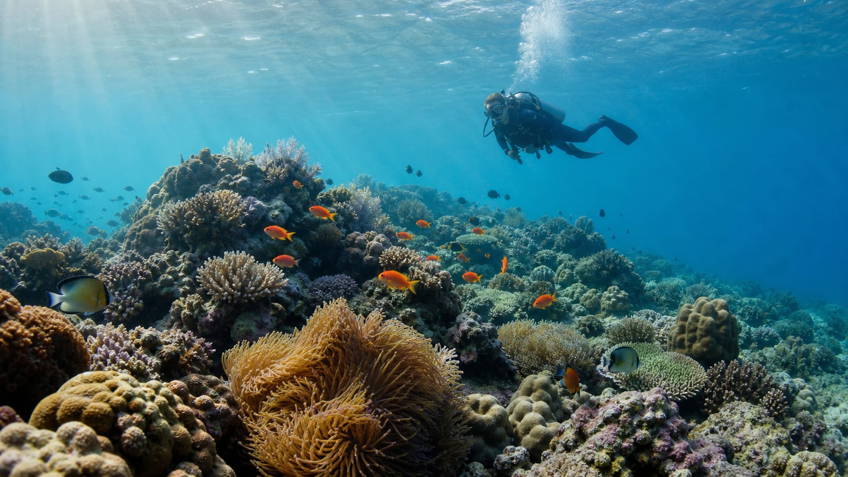 Taucher an Korallenriff bei Koh Tao mit tropischer Vegetation im Hintergrund