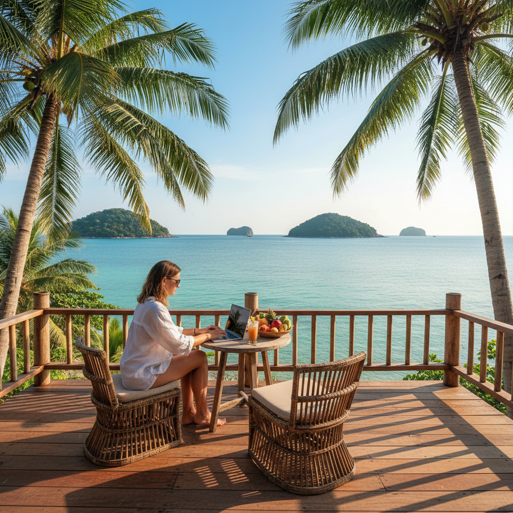 Laptop auf einem Café-Tisch mit Meerblick auf Koh Tao bei strahlendem Sonnenschein