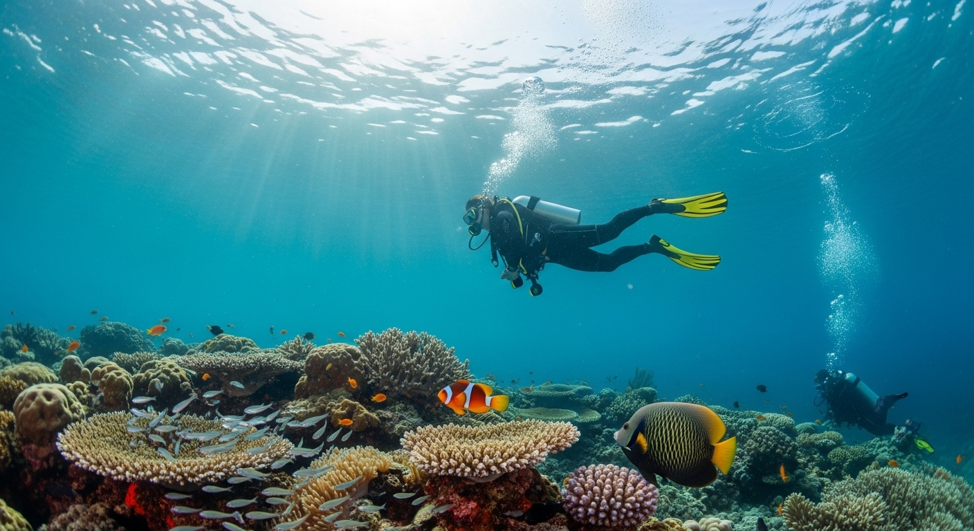 Wochenübersicht auf Koh Tao: Taucher, türkises Wasser und Palmen-Strand