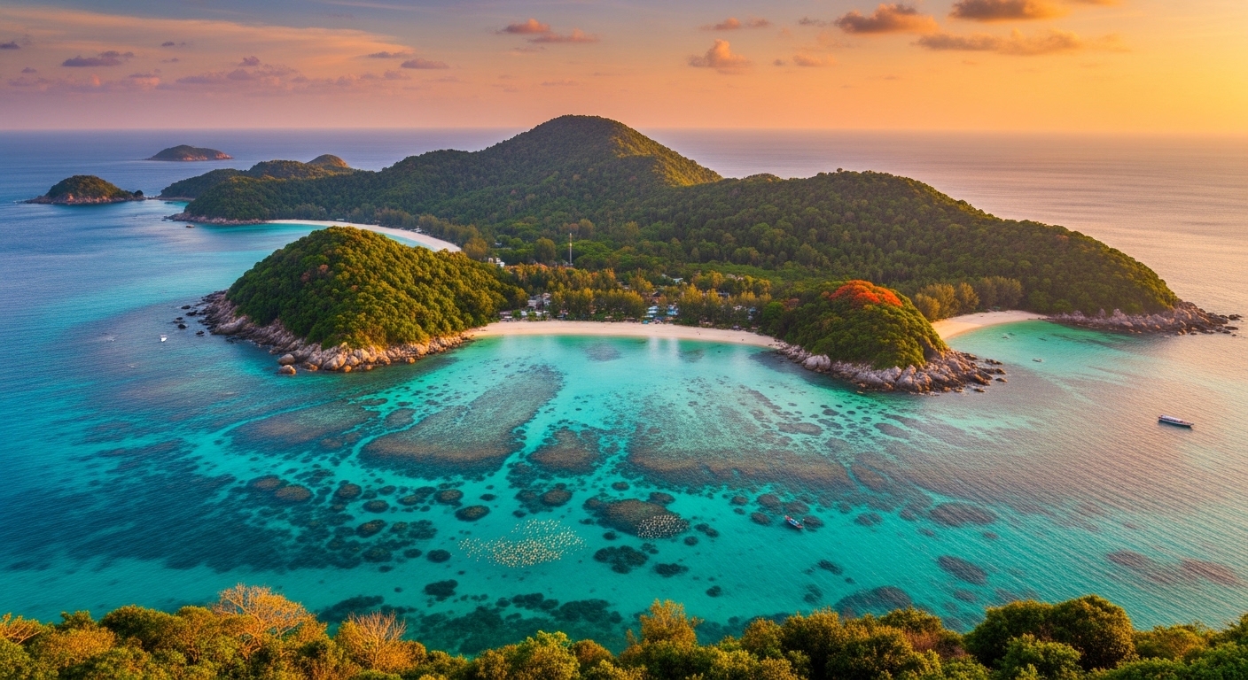 Panoramablick von einem Aussichtspunkt auf Koh Tao mit türkisem Wasser und üppiger Vegetation