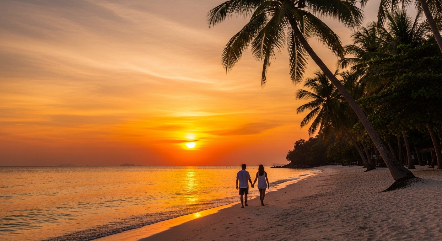 Romantischer Sonnenuntergang am Sairee Beach auf Koh Tao mit Palmen und türkisem Meer