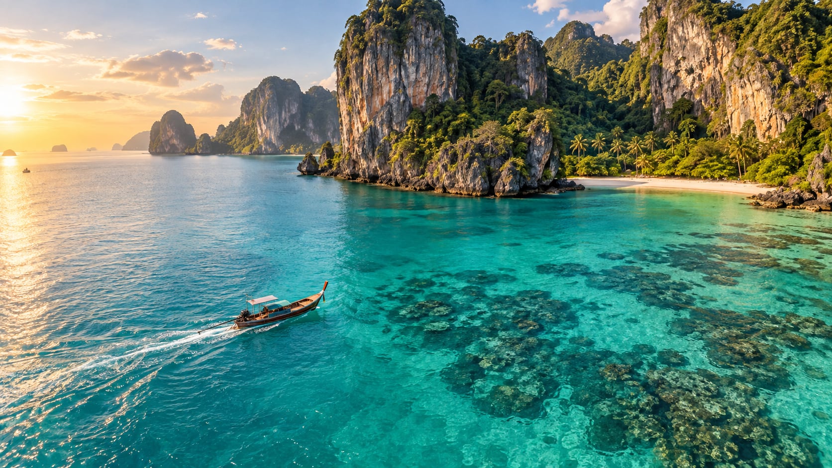 Longtailboot zwischen Koh Tao und Krabi kombinieren, Kalksteinfelsen und Korallenriff