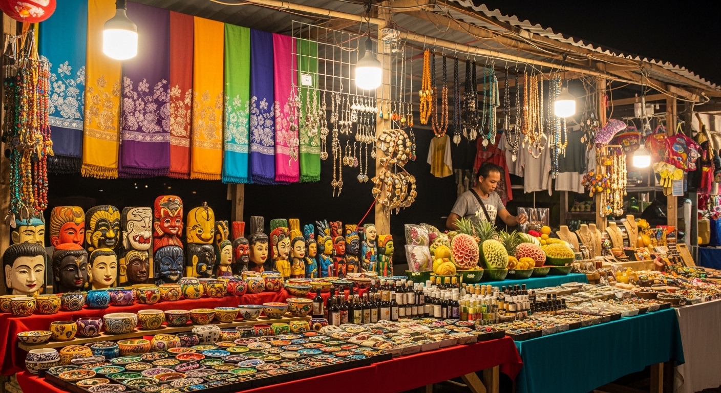 Nachtmarkt auf Koh Tao mit handgefertigten Waren, Schmuck und buntem Straßentreiben