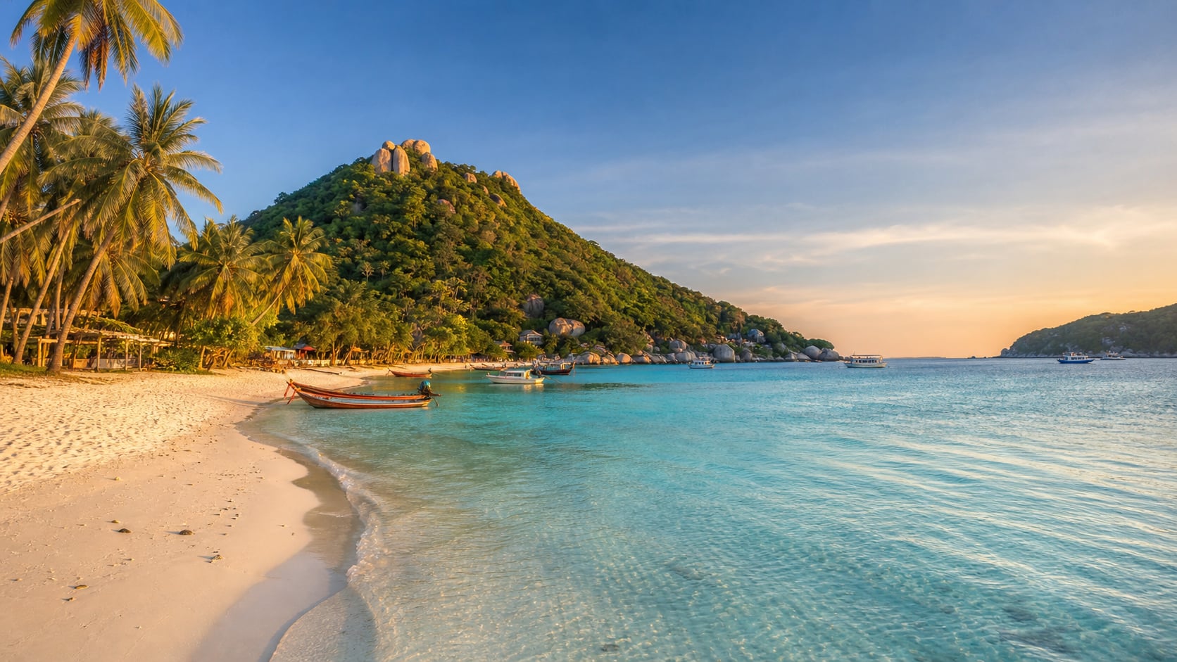 Kristallklares türkisfarbenes Wasser und weißer Sandstrand auf Koh Tao mit Palmen