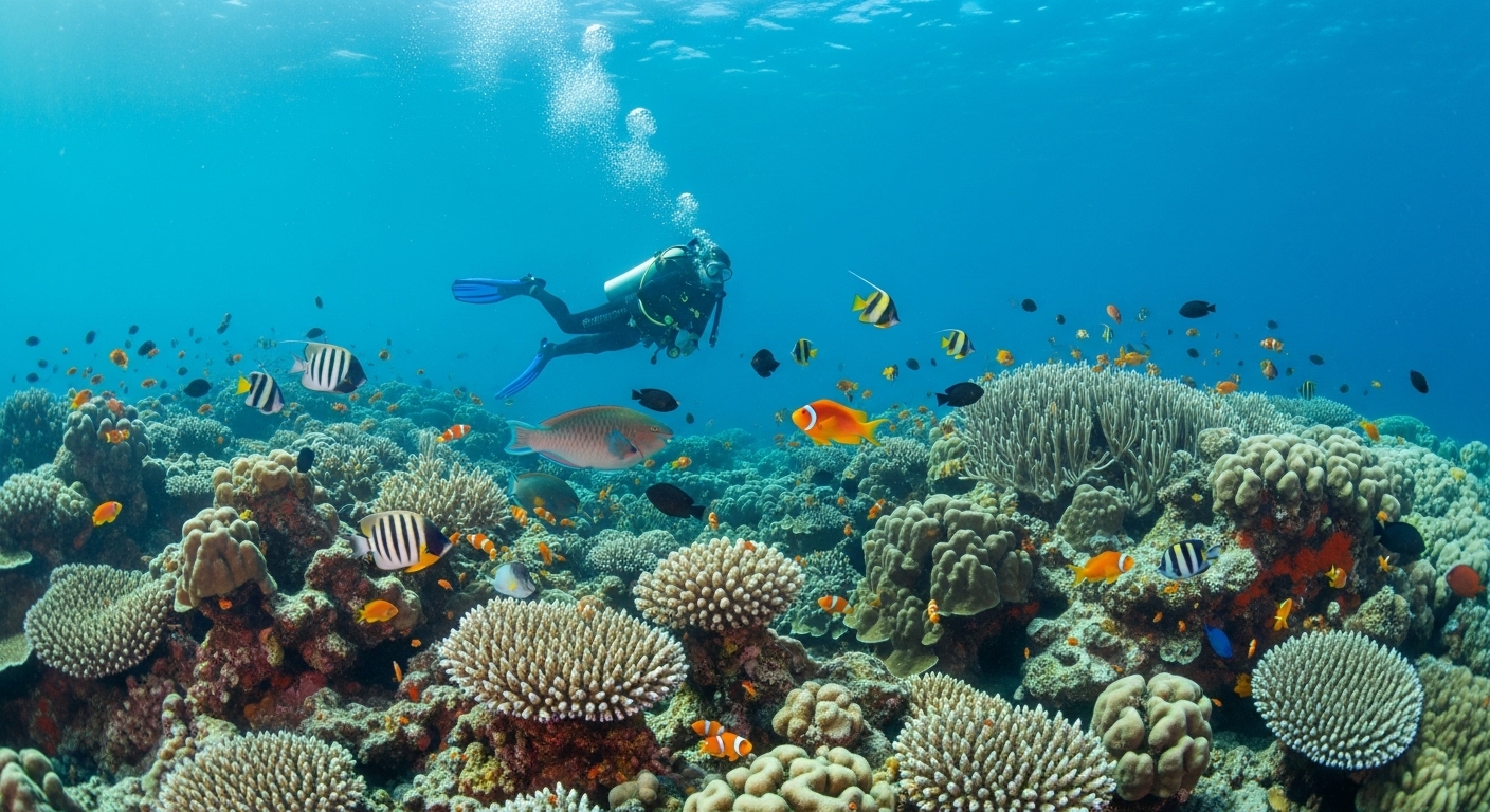 Solo-Taucher in klarem türkisem Wasser auf Koh Tao mit tropischen Fischen und Korallenriff