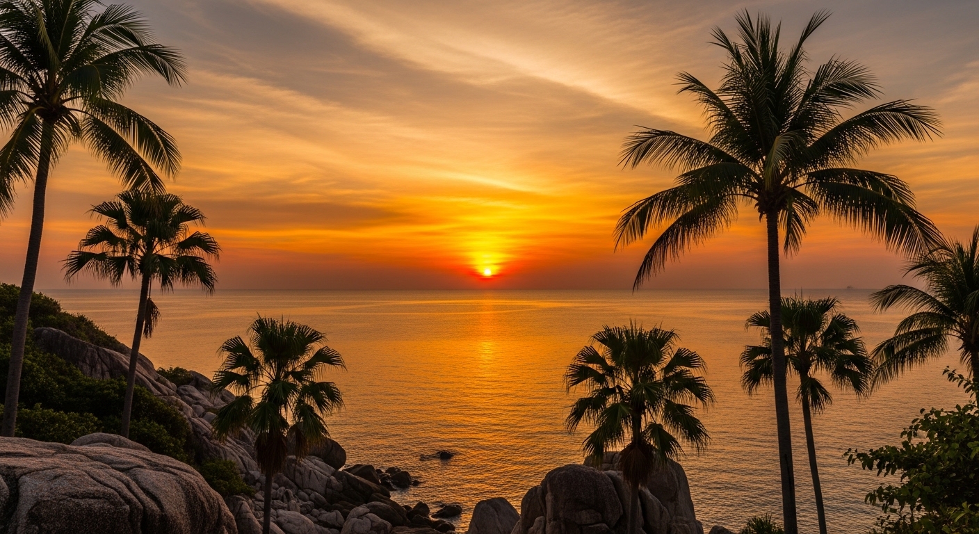 Spektakulärer Sonnenuntergang über dem Golf von Thailand von einem Viewpoint auf Koh Tao