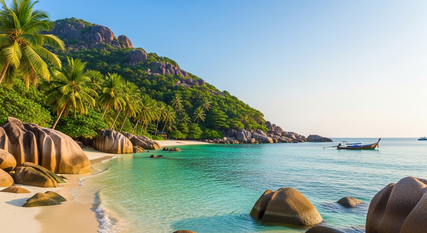 Tropischer Strand auf Koh Tao mit türkisblauem Wasser und Granitfelsen