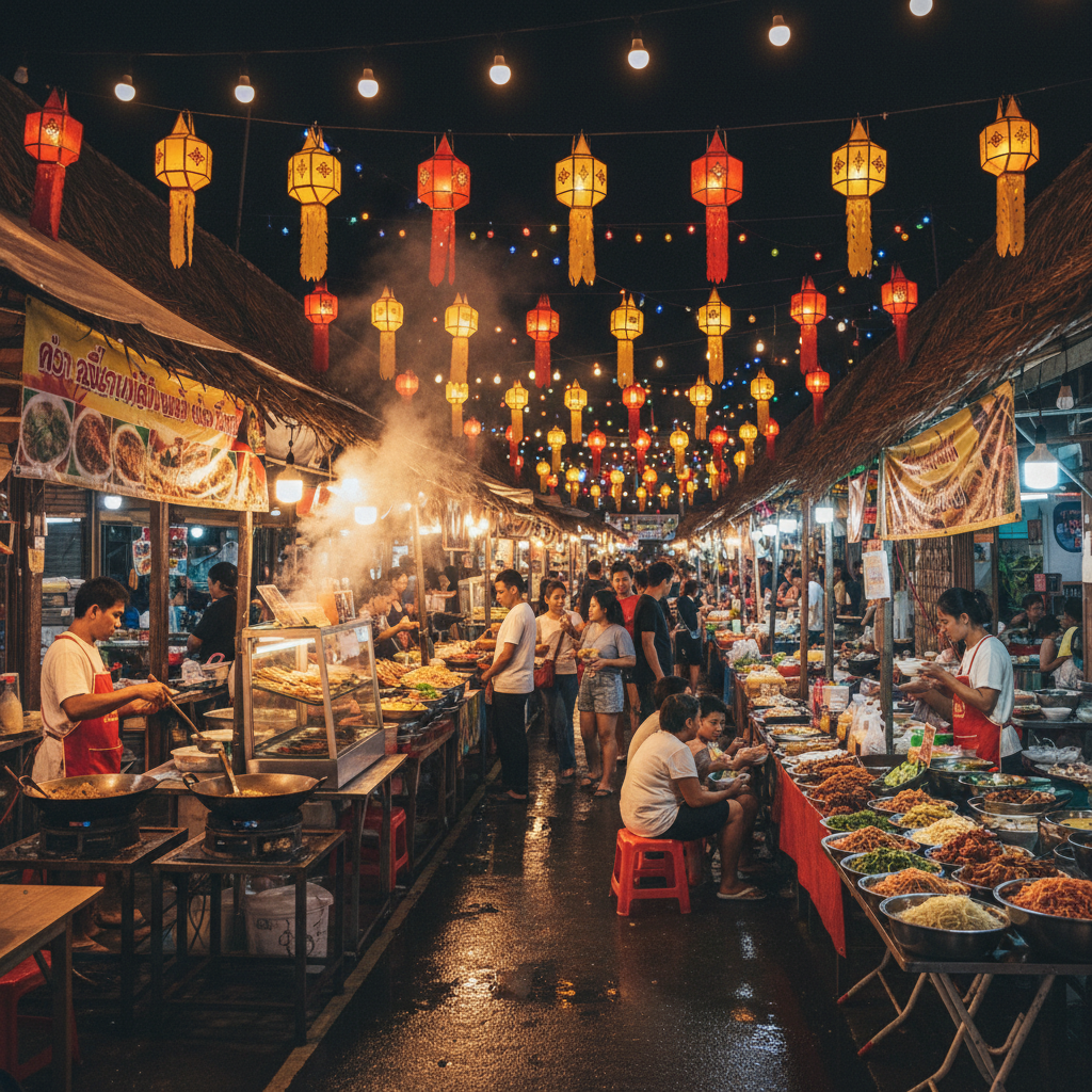Bunter Streetfood-Markt auf Koh Tao abends mit dampfenden Töpfen und bunten Lichtern