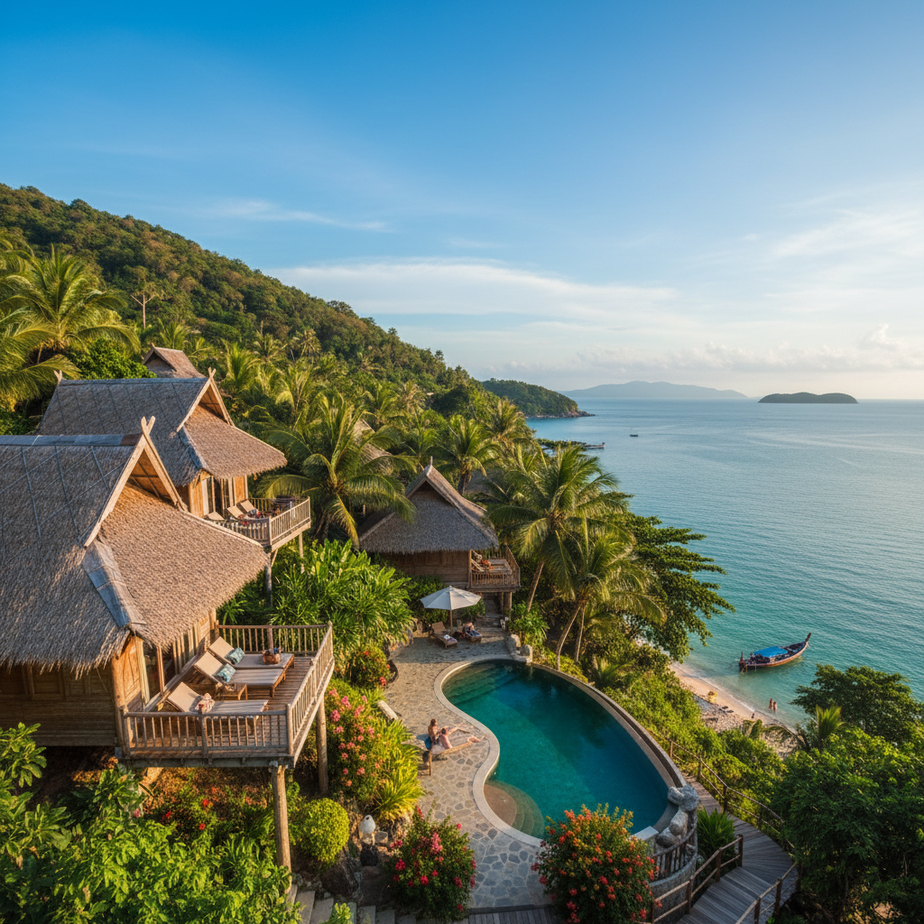 Blick auf ein tropisches Bungalow-Resort auf Koh Tao mit Palmen und Meerblick