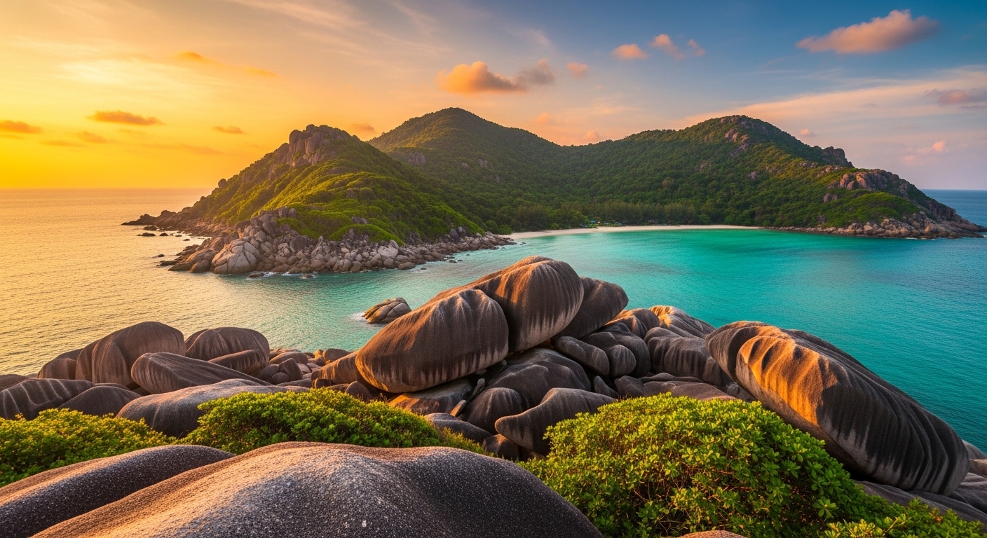 Panoramablick vom John Suwan Viewpoint auf Koh Tao mit türkisem Meer und grünen Hügeln